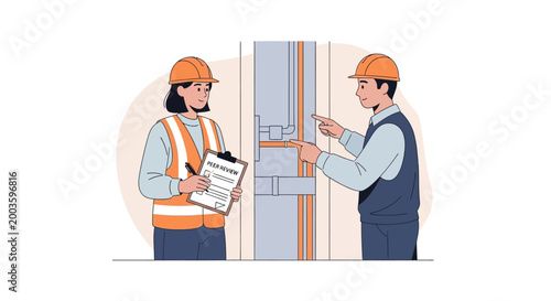 Construction workers inspecting electrical panel, safety and teamwork in building industry