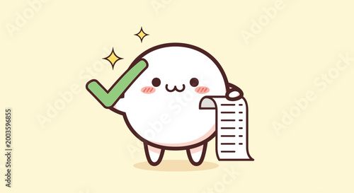 Cute Cartoon Character Holding Checklist and Checkmark, Success and Completion Concept