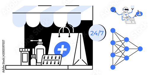 Online shopping, healthcare, AI, medication delivery, pharmacy automation, technology. A digital pharmacy scene with medicine, AI robot neural network. Online shopping and healthcare concepts