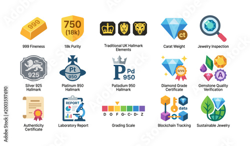 Jewelry certification and hallmark icons grid on white background