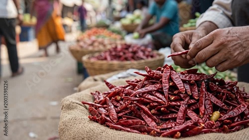Vibrant Red Chillies in a Rustic Market Setting with a Focus on Fresh Produce