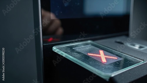 Finger Pressing Red Cross Button on Modern Digital Device in Soft Focus Background