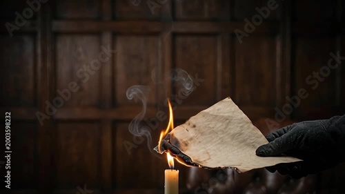 Hand Holding Burning Paper Over Candle in Dark Room with Wooden Background