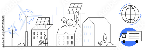 Clean energy, sustainability, eco-urban planning, renewable power, green transportation, future cities. Buildings with solar panels, wind turbines truck globe icon. Clean energy and sustainability