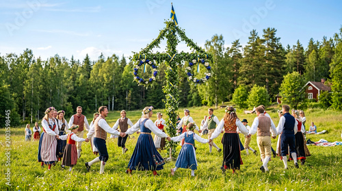 People in traditional swedish folk costumes dancing around a maypole