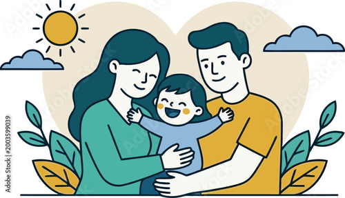 Joyful illustration of a happy family, with loving parents embracing their cheerful child, symbolizing a strong family bond, care, and precious togetherness in a supportive home