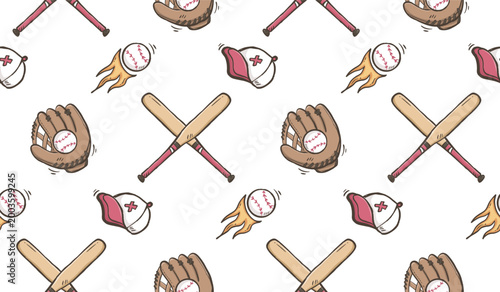 Baseball doodle background. Baseball equipment pattern background. Cute baseball seamless pattern for kids. Softball Sport hand drawn seamless pattern with bat, cap, glove, ball home run.