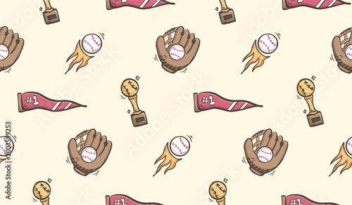 Baseball doodle background. Baseball equipment pattern background. Cute baseball seamless pattern for kids. Softball Sport hand drawn seamless pattern with bat, flag, glove, ball, trophy, home run.