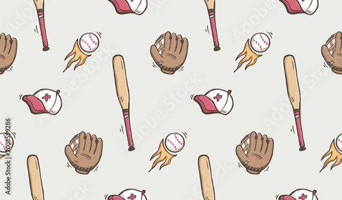 Baseball doodle background. Baseball equipment pattern background. Cute baseball seamless pattern for kids. Softball Sport hand drawn seamless pattern with bat, cap, glove, ball home run.