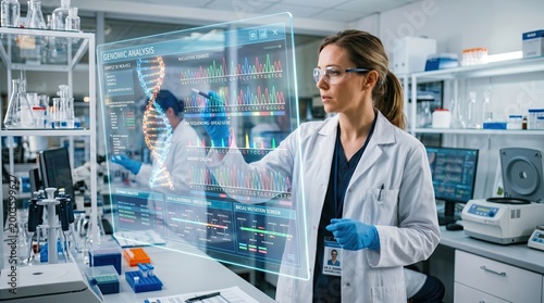 A scientist in a lab coat and gloves analyzes genomic data displayed on a futuristic transparent screen in a modern laboratory setting.