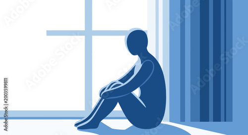 Silhouette of a person sitting by a window, contemplation, isolation, blue tones