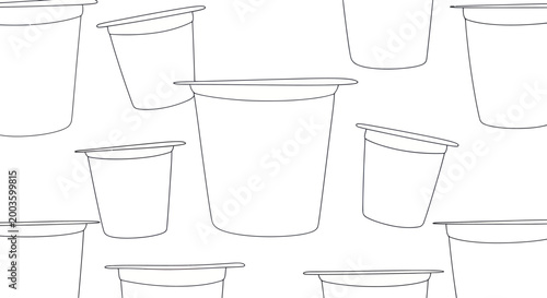 Seamless pattern of minimalist yogurt cups, outline drawing, white background