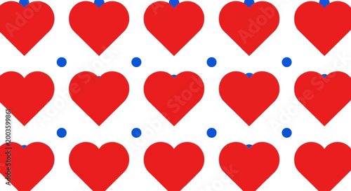 Seamless Pattern of Red Hearts and Blue Dots on White Background
