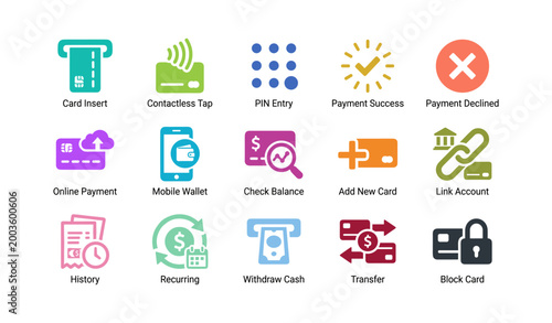 Payment and account icons showing transactions on white