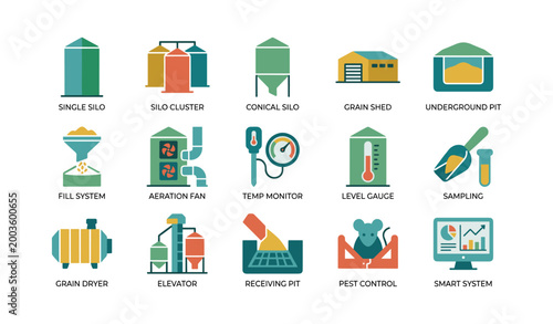 Agricultural silo and grain storage equipment icons in grid