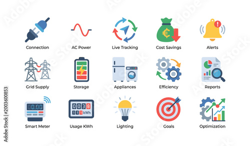 Energy and power management icons displayed on white background