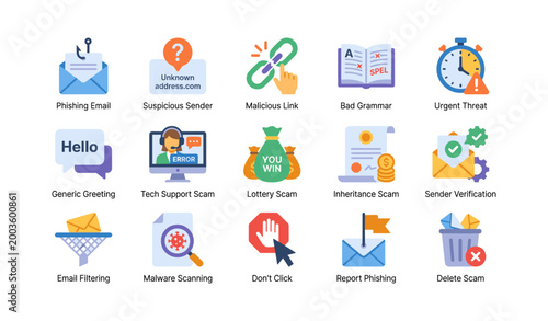 Email scam and phishing icons shown on white background