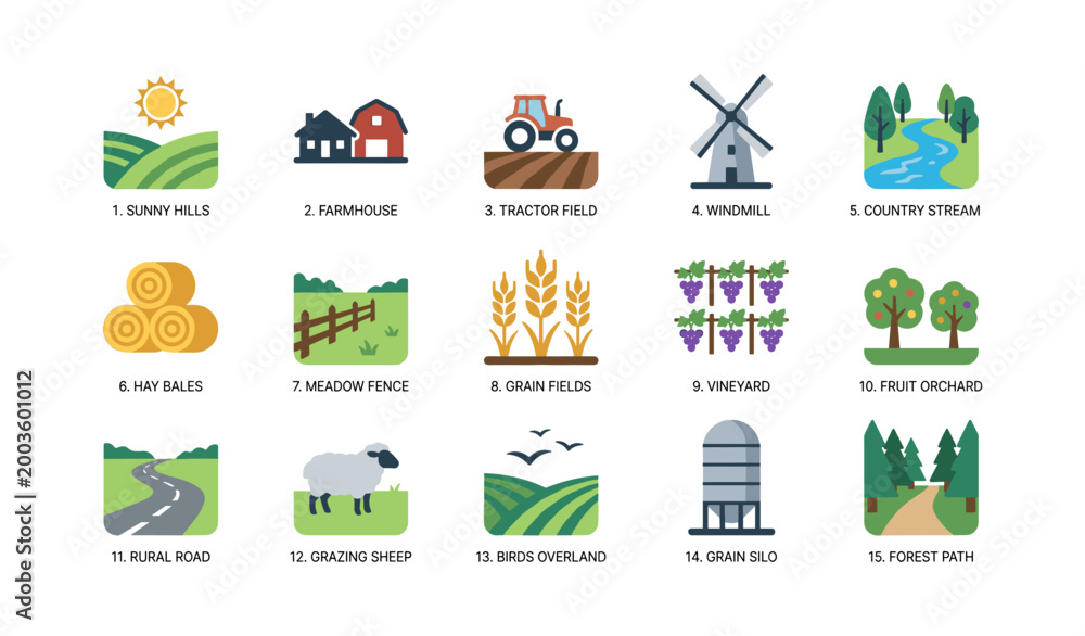 Naklejka premium Farm and countryside icons displayed in grid on white background