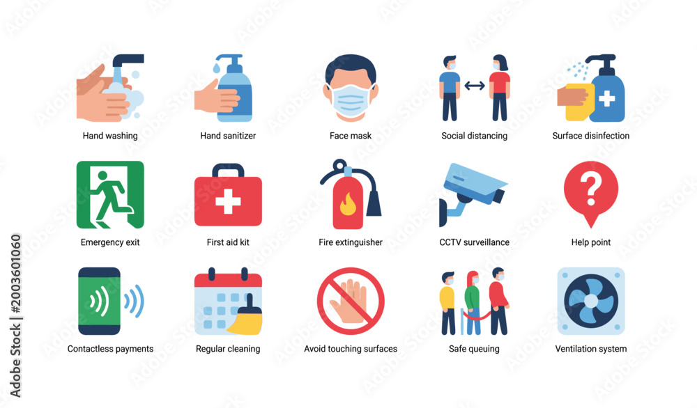 Fototapeta premium Hygiene and safety icons illustrating precautions in grid layout
