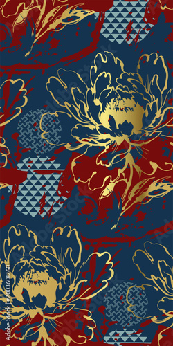 peony abstract seamless pattern design brush strokes japanese chinese vector ink traditional asian design isolated