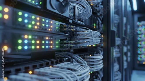 Camera moves through data center showcasing servers and network cables in action during the day