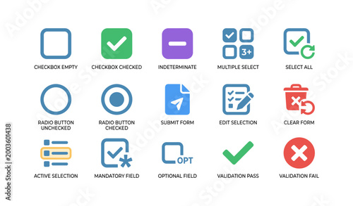 Form control icons showing selection and validation on white