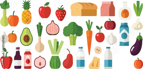 Healthy food and grocery icons collection with fruits vegetables bread and beverages, flat vector illustration set