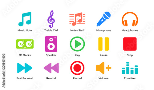Music icons grid showing playback controls and audio tools on white