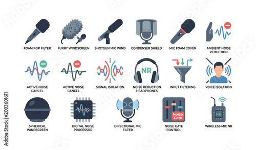 Microphone noise reduction and isolation icons arranged on white