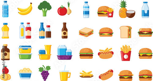 Fast food and beverages collection with burgers fries hot dogs drinks and snacks, colorful flat vector illustration set