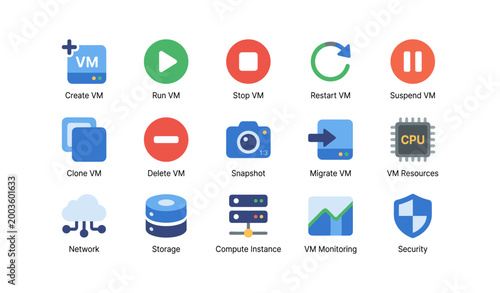Virtual machine control and resource icons in grid on white background
