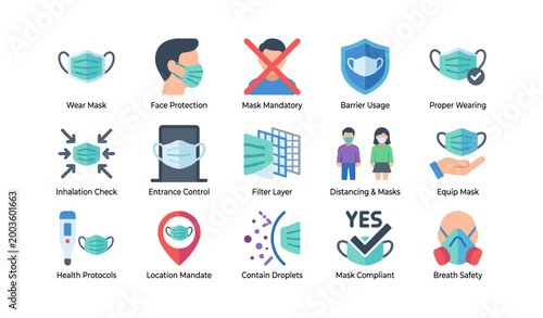 Surgical mask icons showing usage protocols on white backdrop