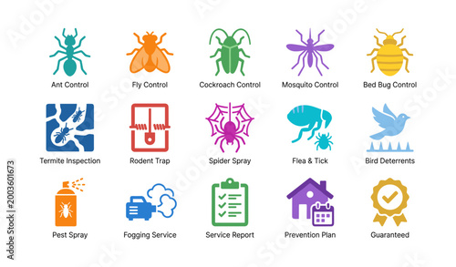 Pest control icons showing insects and services on white background