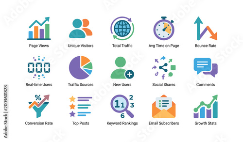 Dashboard icons representing web metrics in grid layout