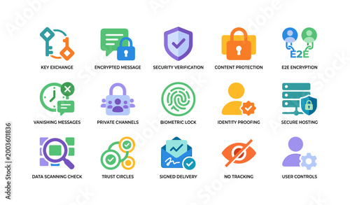 Security and encryption icons arranged on white background