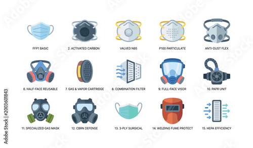 Various respirator and mask icons arranged on white background