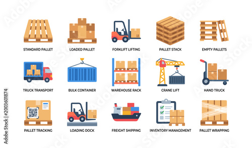 Warehouse and pallet logistics icons arranged on white background