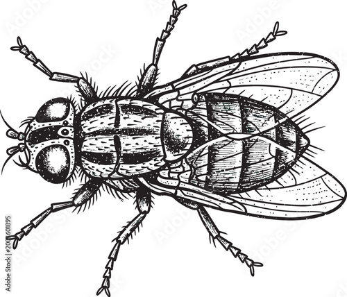 Fly in a realistic black and white drawing style vector Illustration 