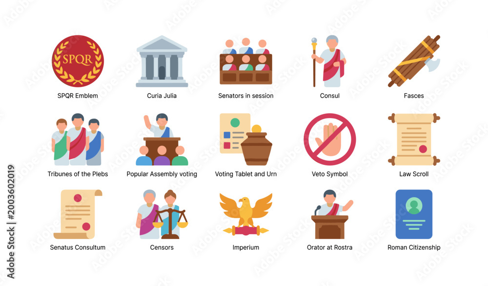 Fototapeta premium Ancient roman civic and political icons arranged in grid layout