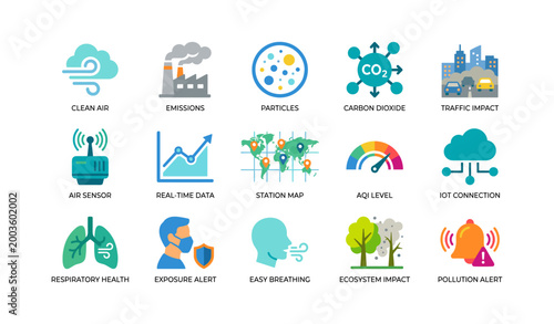 Air quality and pollution icons showing sensors and alerts