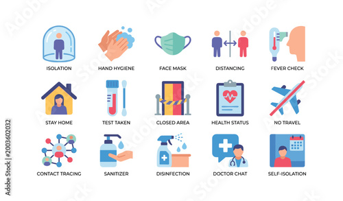 Health and safety icons showing pandemic measures on white background