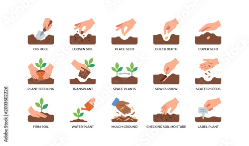 Gardening icons showing planting steps in grid layout