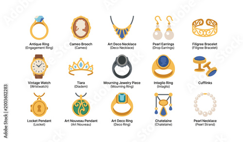 Jewelry and antique pieces icons arranged in grid on white background