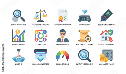 Gemstone inspection and valuation icons showing appraisal processes