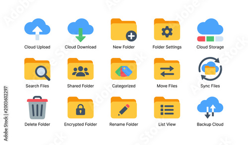 Cloud and folder icons displayed in grid on white background