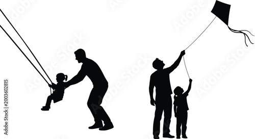 Silhouette of father and child playing outside with kite and swing