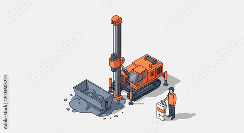 Isometric drilling machine with operator and excavation site.