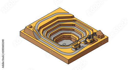 Isometric illustration of an open-pit mine with mining equipment.