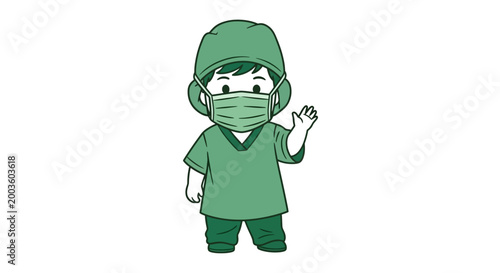 Cuadro en lienzo Cartoon doctor wearing green scrubs mask.