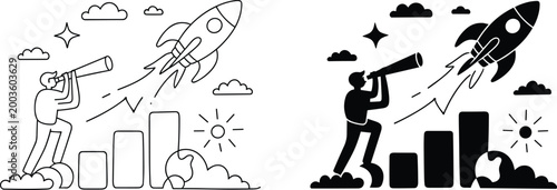 Konstfotografi Vector growth exploration rocket launching with telescope business success illus